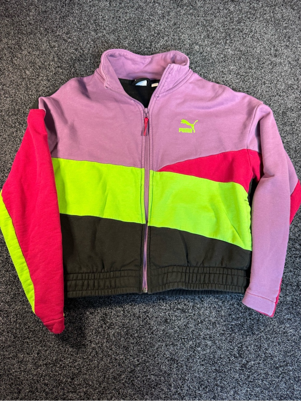 Puma Colorblock Zip-Up Sweatshirt in Pink, Neon Yellow & Black womens vtg style